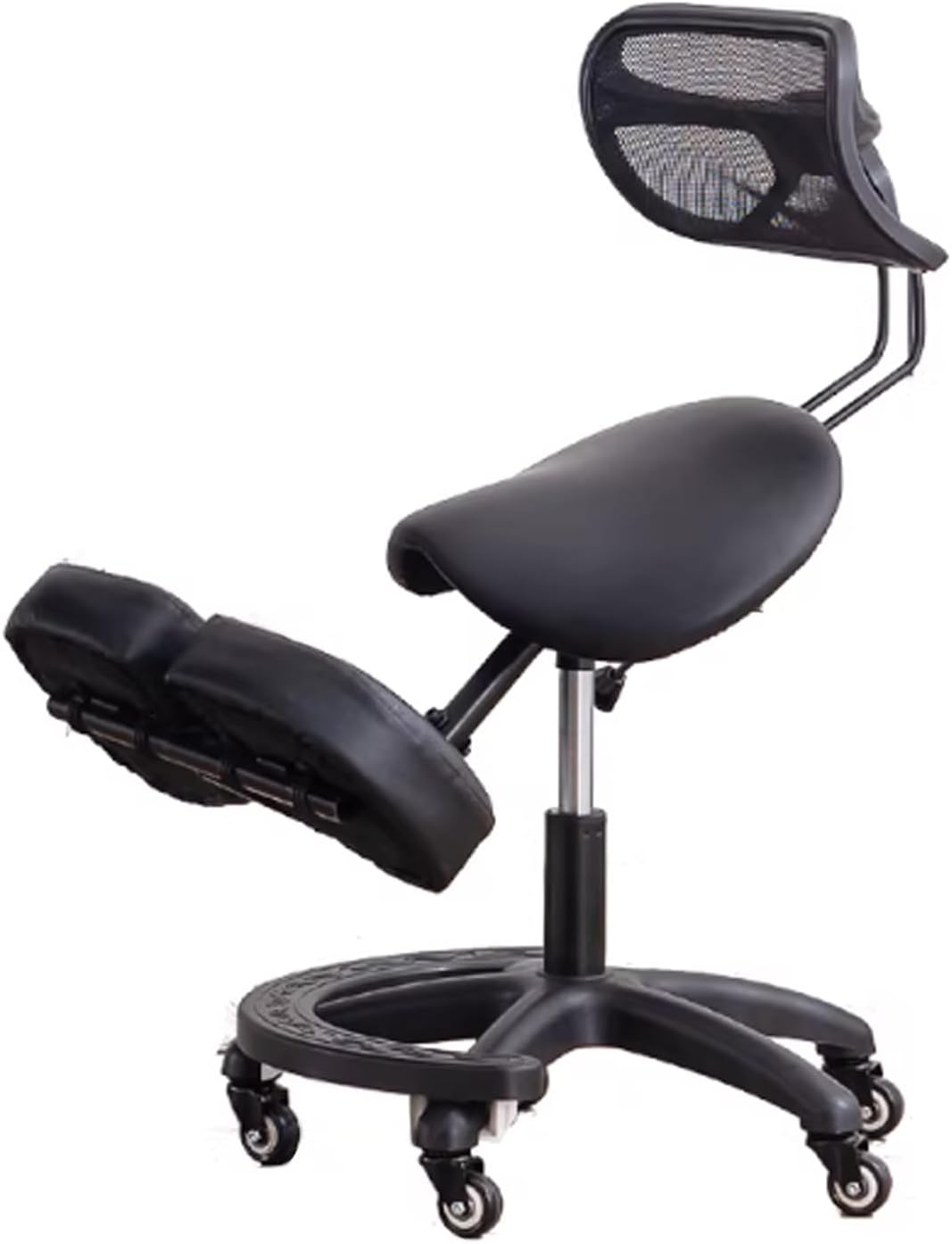Modern Ergonomic Saddle-Shaped Kneeling Chair with Backrest, 360-Degree Swivel and Adjustable Angle Office Chair, Black Leather