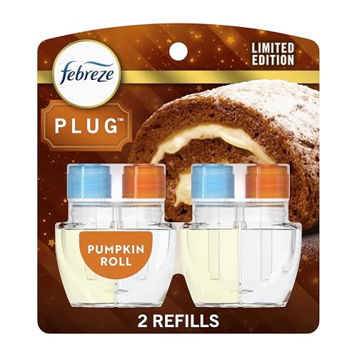 Febreze Plug In Air Freshener, Odor-Fighting Scented Oil Refill, Air Fresheners for Home and Bathroom and Kitchen, Long Lasting for Strong Odors, Pumpkin Roll Scent, 0.87oz Refills, 2 Count