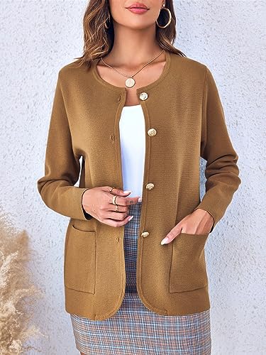 Langwyqu Womens Crew Neck Button Down Cardigan Sweaters Blazer Casual Long Sleeve Knit Solid Sweater with Pockets2