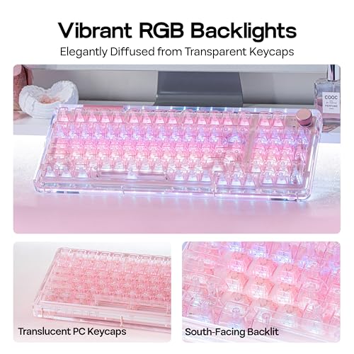 Image of KiiBoom Phantom 98 Crystal Mechanical Gaming Keyboard, Transparent Keyboard with RGB Backlits, Hot-Swappable, Shine Through Clear Keycaps, 3 Modes Wireless, 8000mAh Battery, NKRO for Win /Mac (Pink)