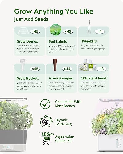 Image of URUQ 188pcs Hydroponic Pods Kit Compatible with AeroGarden & Most Brands | Grow Anything Kit for Hydroponics Growing System, Includes 45 Sponges, 45 Baskets, 45 Domes, 45 Labels, 8 A&B Plant Food