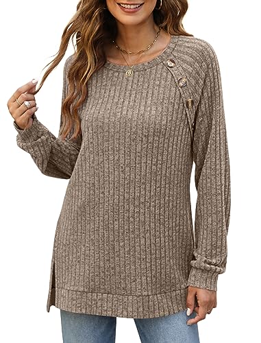 Image of Bofell Long Sleeve Shirts for Women Lightweight Button Decor Tunic Tops Side Split