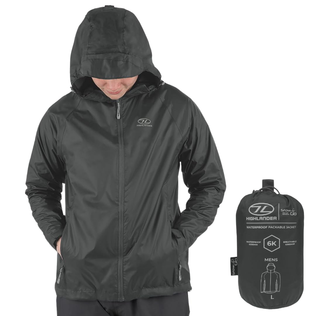 Highlander Men's Grey ’S Waterproof Jacket - Stow & Go Packaway Jacket - Ultimate Waterproof Protection, Lightweight & Breathable, Perfect For Everyday And Outdoor Adventures