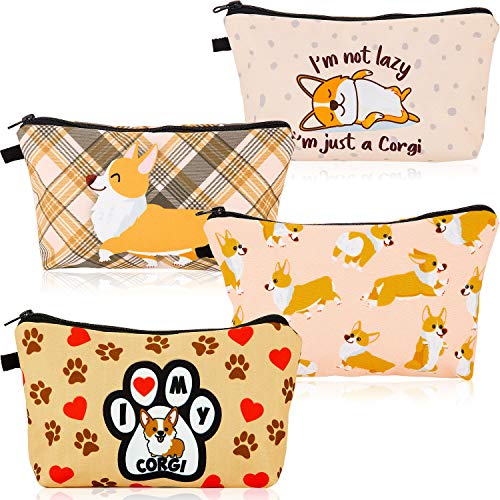 4 Pieces Funny Corgi Dogs Makeup Bag Travel Small Corgi Cosmetic Bag Corgi Pouch Handbag Organizer Cash Coin Purse Multifunction Toiletry Storage Pouch for Women