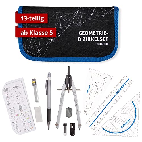 DynaTech Zirkel Set Geometrieset 13-Teilig mit Zirkel, Geodreieck, Parabel,...