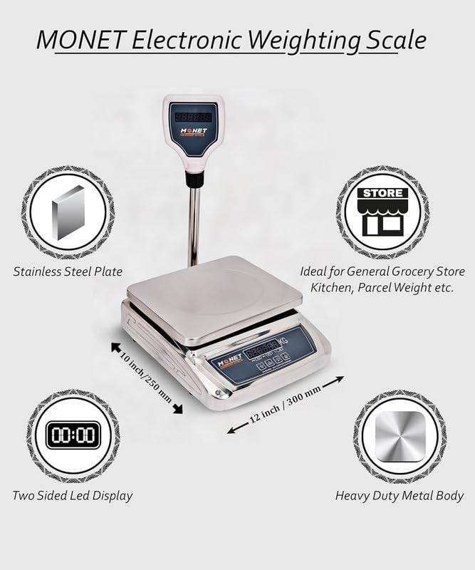 Image of MONET Weighing Scale With Pole | Green Display Light | For Industrial And Commercial Use | Weight Limit 30kg