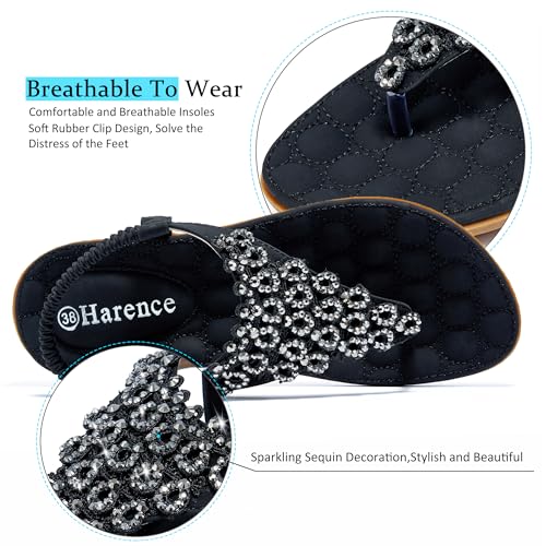 HARENCE Womens Summer Flats Sandals: Casual Bohemian Dressy Thong Flat Shoes Comfortable Slip on Elastic Ankle Strap Beach Sandal3