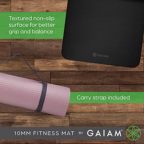 Gaiam Extra-Thick Yoga Fitness Mat And Exercise Mat With Non-Slip Texture And Easy Carry Strap - Ideal For Floor Workouts And Everyday Yoga - Supportive And Portable, Black, 10Mm #TOP2