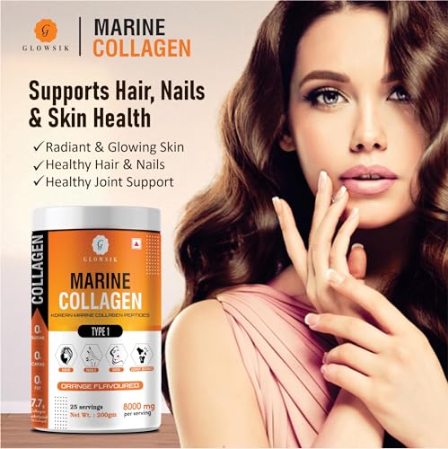 Image of Glowsik Korean Marine Collagen Powder | Marine Supplements for Women and Men | Skin Radiance Collagen (400gm - orange flavour)