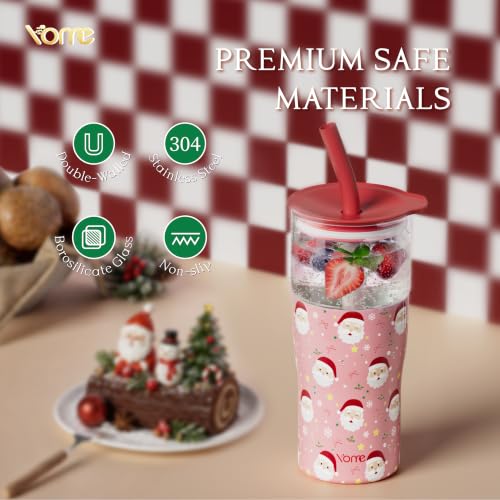 Image of YOME 20oz Christmas Insulated Glass Tumbler with Lid & Straw for Women Gift | Stainless Steel Iced Coffee Cup | Keep Drinks Cold |Cupholder Friendly |Ideal for Iced Coffee, Smoothies & Boba| Gift