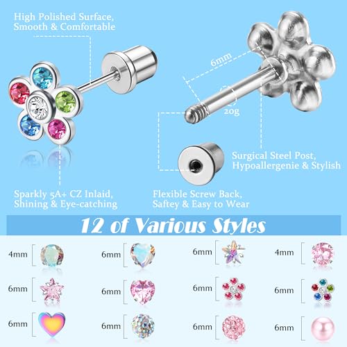 BESTEEL 12 Pairs Hypoallergenic Earrings for Girls Women Stainless Surgical Steel Screw Flat Back Stud Earrings Cute CZ Flower Tiny Screwback Studs Set Toddler Kids Baby 20G2