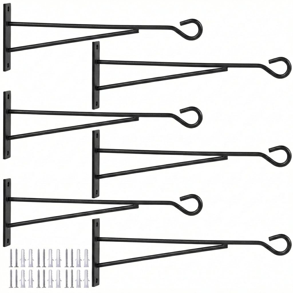 8" Hanging Plant Hooks (6 Pack), Rust-Proof Metal Wall Brackets for Vertical Garden, Sturdy Plant Hangers for Outdoor Fence, Bird Feeders, Lanterns & Wind Chimes, Black Minimalist Decor