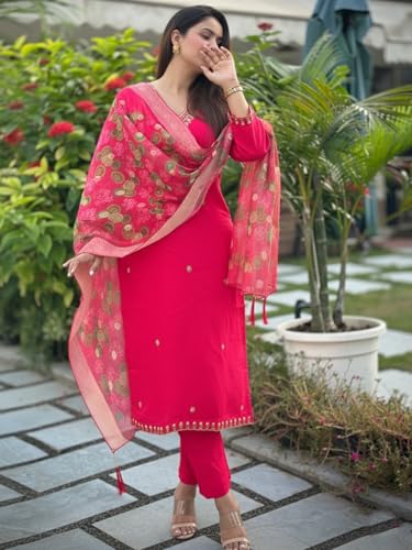 Image of VredeVogel Women's Beads Embroidered Silk Blend Kurta Pant Set with Organza Dupatta | Perfect for Festive & Casual Ethnic Kurta Set for Women
