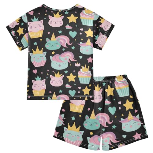 ALAZA Cat Star Cupcake Black Pajamas Set Short Sleeve Cotton Sleepwear Summer Pjs 2 Piece 5-14Y2