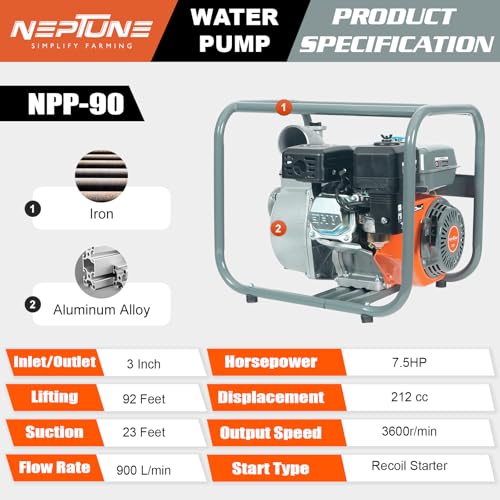 Image of Neptune Simplify Farming NPP-90 High-Flow Water Pump | 7.5 HP 4-Stroke Petrol Engine | 3-Inch Outlet | 3600 RPM Speed | 1000 L /min Max Flow | Built for Agriculture, Irrigation, Draining & Garden Use