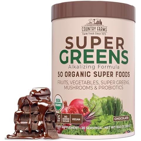 COUNTRY FARMS Organic Super Greens Chocolate Flavor, 50 Organic Super Foods, USDA Organic Drink Mix, Packed with Fiber, Fruits, Vegetables, Mushrooms & Probiotics, Supports Energy, 7g Fiber Cover