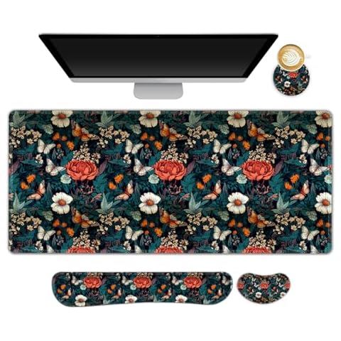 AIMSA Keyboard Mouse Pad with Wrist Rest Set, Extended Desk Mat+ Mouse Wrist Rest + Keyboard Wrist Support + Coaster, Large Mouse Pad for Home Office, Retro Floral Butterfly Cover