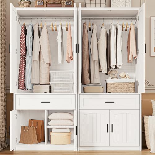 LIKIMIO 77\" Tall Armoire Wardrobe Closet, Wooden Wardrobe with 4-Door and Drawer, White Clothes Storage Cabinet with Hanging Rod and Adjustable Shelves for Bedroom