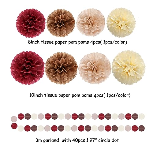 Image of Brown Burgundy Champagne-Gold Party-Decorations - 30pcs Rustic Boho Wedding Tissue Pom-Poms Streamers ,Fall Autumn Tassel Garland Banner,Birthday Baby Bridal Shower Engagement Decor Lasting Surprise
