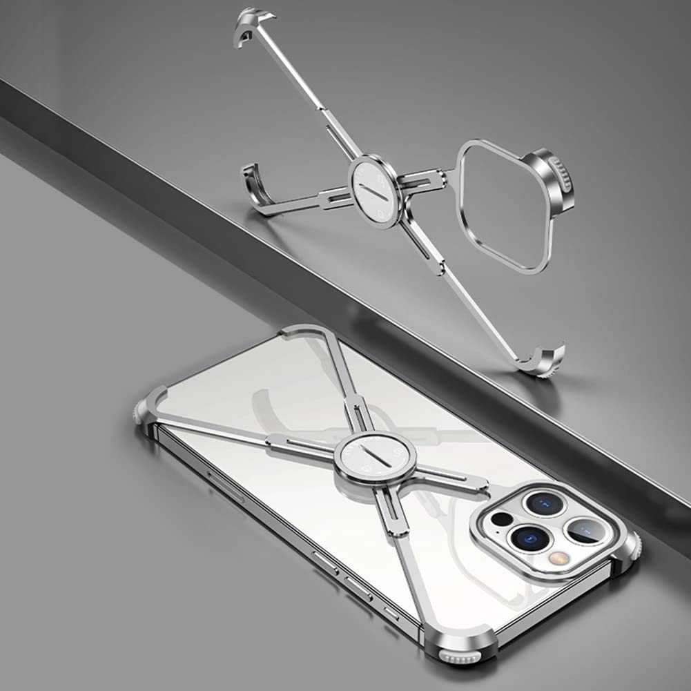 VAOXTY Compatible with iPhone 13 Pro Max Metal Bumper Phone Case Aluminum Frame Cool Funny Design with Stand Kickstand Protection Cover Edge Luxury Fashion Case Silver