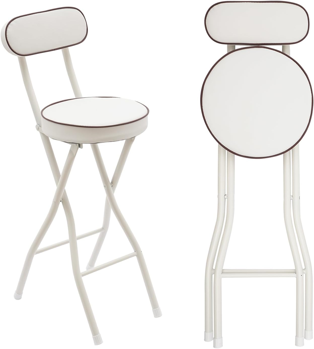 2 Pcs Folding Bar Stool with Backrest & Footrest 25.6in Height Tall Foldable Stool Chair Leather Padded for Kitchen Bar Shop 275.58 lbs Capacity White