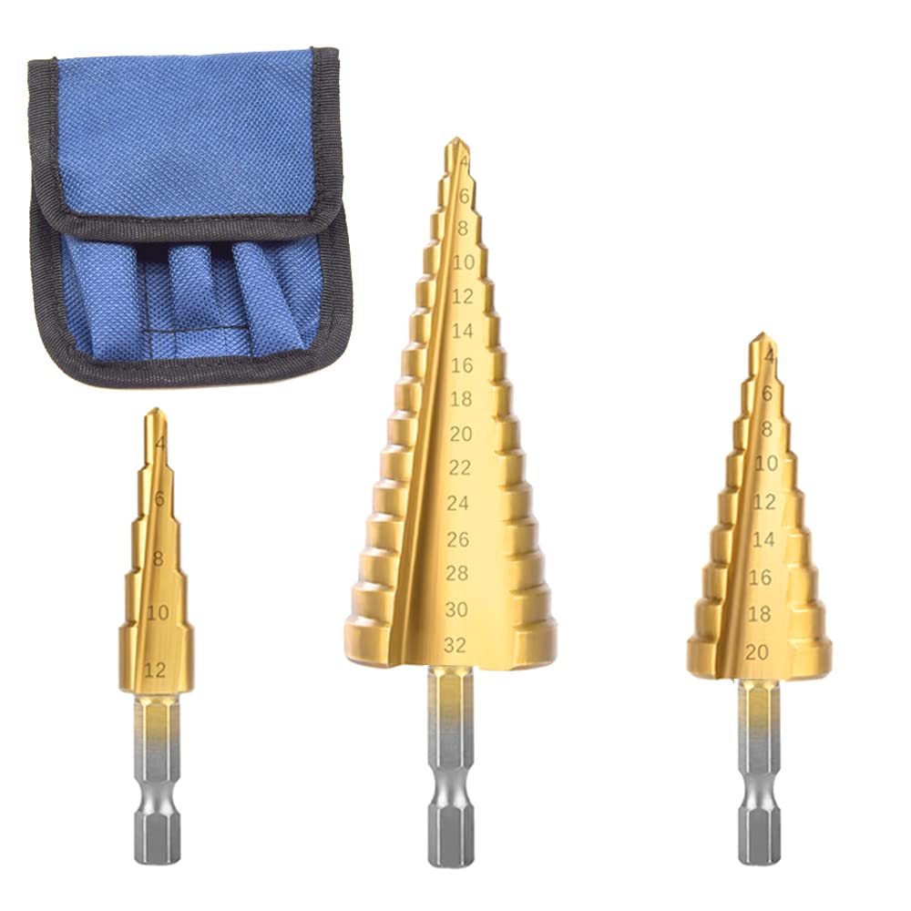 CEEYSEE 3 Stücke Hex Shank Stufenbohrer Set HSS Titanbeschichtete Konusbohrer Schälbohrer für Metall, Holz, Kunststoffe, DIY Kegelbohrer 4-12mm/4-20mm/4-32mm