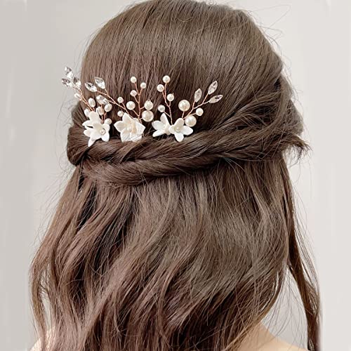 3 Stück Braut Haarnadel Haarschmuck, Strass Brautschmuck,Gold Hochzeit Haarkamm, Blumen Haarnadeln mit Strasssteinen und Kunstperlen, Kopfschmuck Blumenhaarschmuck für Frauen und Mädchen Cover
