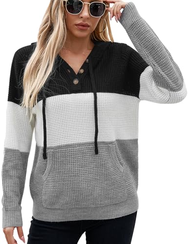 Image of VIMPUNEC Womens Fall Hoodie Sweater Long Sleeve Hooded Top with Pocket | V Neck, Button, Adjustable Drawstring, Waffle Knit, Loose Fit, Ribbed, Kangaroo Pocket