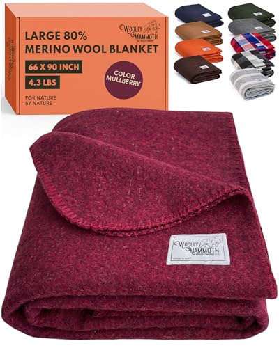Woolly Mammoth Woolen Co. | Extra Large Merino Wool Camp Blanket | Perfect Outdoor Gear | for Bushcraft, Camping, Trekking, Hiking, Survival, or Throw Blanket at the Cabin (Mulberry), 66' x 90'