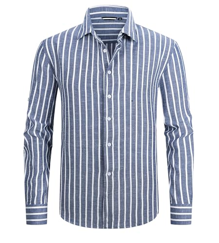 Damipow Mens Linen Cotton Striped Long Sleeve Dress Shirt Casual Button Down Shirt2