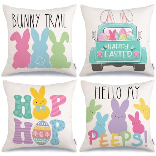 GEEORY Easter Pillow Covers 18x18 Set of 4 Easter Decorations for Home Bunny Truck Hello Peeps Hip Hop Decorative Throw Pillows Spring Easter Farmhouse Decor