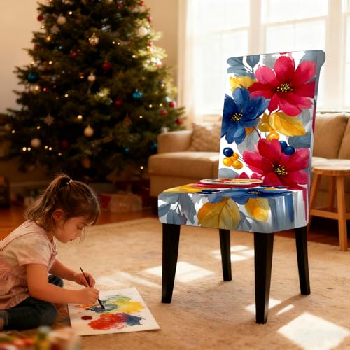 Image of Nuxovilar 2PCS Vibrant Watercolor Floral Stretch Chair Covers | Stretch Slipcover Floral Protector Flower Wrap Seat Guard Dining Room Family Kitchen Festive Party (Vibrant Rose)