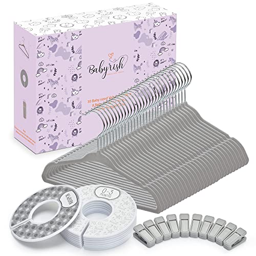 Image of Babyrish Velvet Baby Hangers 30 Pack, Ultra Thin Nonslip Nursery Clothes Hangers with 8pcs Cute Clothing Dividers and 10pcs Hanger Clips for Kids Baby Boys & Girls Closet Organizer, Grey