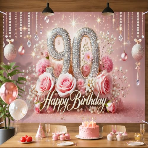 Image of Nuxovilar 90th Birthday Banner - Elegant Pink & Gold Floral Backdrop