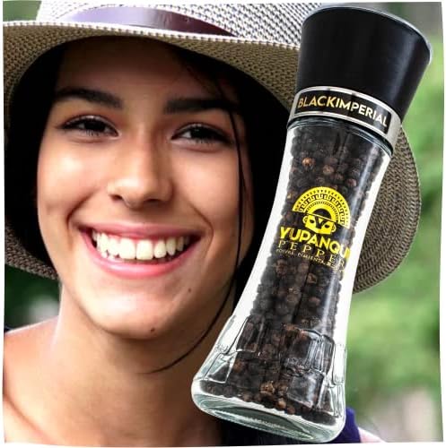Genuine Yupanqui BLACK IMPERIAL pepper |Award-Winning Peppercorns packed in a Premium Black Pepper Grinder 7.5In Pepper Grinder - Peppercorn Grinder filled with 3.5oz 100% YUPANQUI Organic Peppercorns