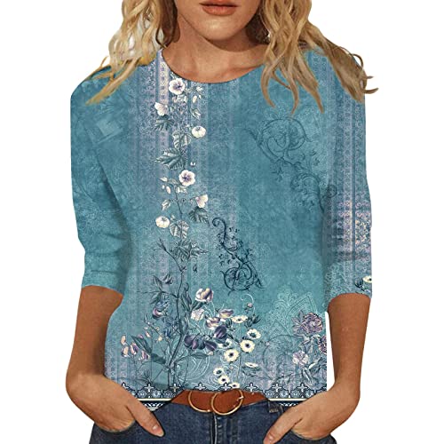 HTHLVMD Womens 3/4 Length Sleeve Tops 2025 Fall Fashion Floral Print Crewneck Causal Trendy Tunic Tops for Women