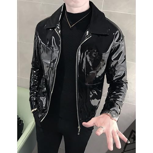 Men's Shiny Zipper PU Outwear Jacket Male Fashion Lapel Patent Leather Long Sleeve Retro Biker Blazer2
