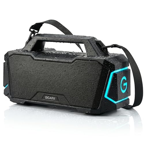 Image of GEARit Boombox Outdoor Speaker Portable | 120W Subwoofer Deep Bass Karaoke | IPX6 Waterproof RGB Light Bluetooth 5.3 EQ | AUX /MicroSD /USB Power Bank 12H Playtime for Camping Beach Party Pool Gift