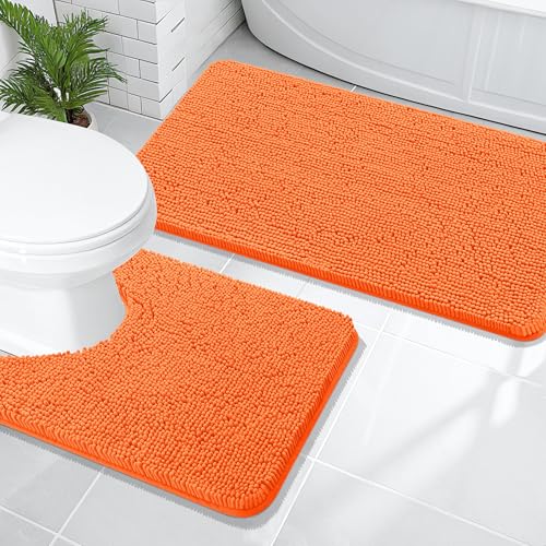 Image of OLANLY Bathroom Rugs Sets 2 Piece, Soft Absorbent Chenille Bath Mats and U-Shaped Contour Toilet Mat Area Rug Set, Machine Washable Bath Carpet, Home Decor Accessories(47 inchx20 inch+24 inchx20 inch, Orange)
