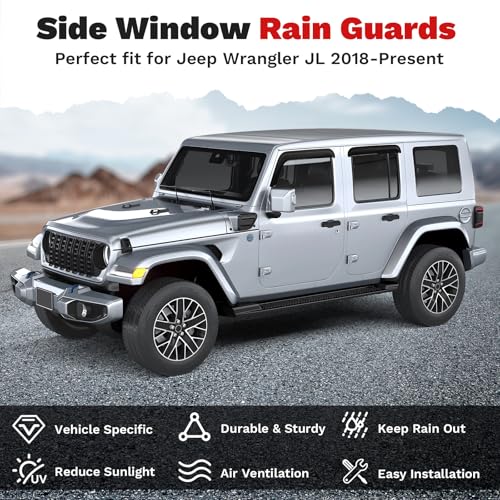 Image of Canvcle Wrangler JL Rain Guards - Window Visors for Jeep Wrangler JL 2018-2025 2026, Outside-Mount Tape-On Side Window Wind Deflectors for Wrangler JL Accessories, Vent Visors Shades Rainproof 4PCS