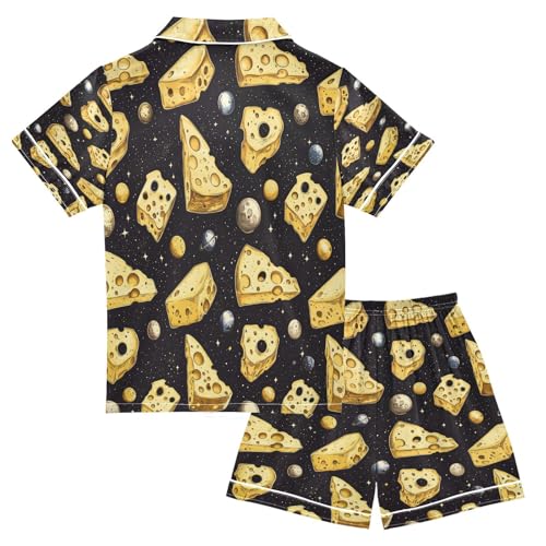 Satin Pajama Sets Short Sleeve Cheese Pieces in Space Pattern Button Down Silky Nightwear 2 Piece PJS 5-14Y2