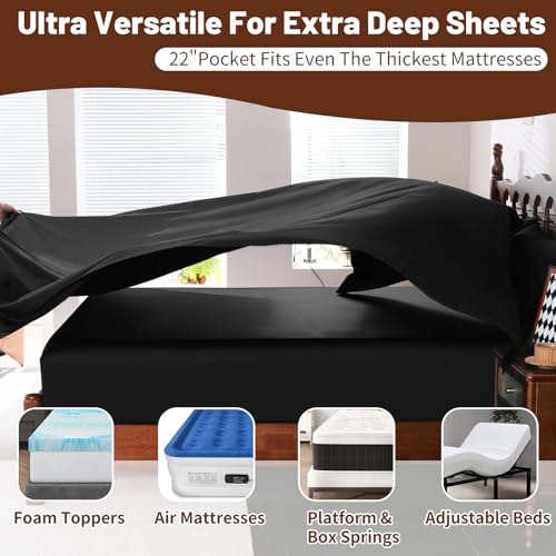 Image of Extra Deep Pocket Queen Sheets 18-24 Inch 100% Egyptian Cotton 1000 Thread Count Sateen Weave Soft Breathable 4 Pieces(Queen,Black)