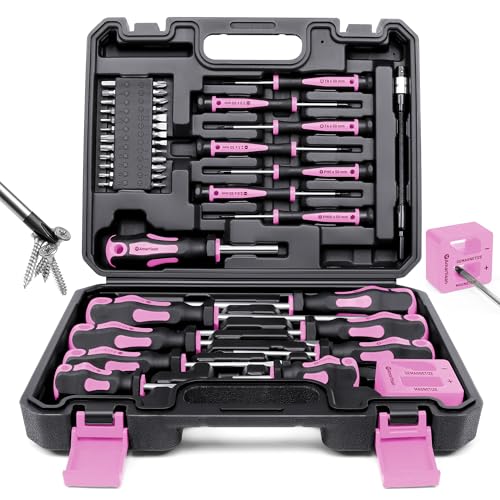 Magnetic Screwdrivers Set with Case Amartisan 43-piece Includs Slotted Phillips Hex Pozidriv Torx and Precision Screwdriver Set Magnetizer Demagnetizer Tools Tools for Men (Pink))