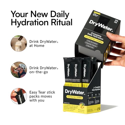 Image of DryWater Electrolyte + Vitamin Hydration Powder Packets - Lemon Lime, 1,000mg Potassium, Real Organic Fruit, NSF Certified for Sport, Nothing Artificial, No Added Sugar (12 Stick Packs)