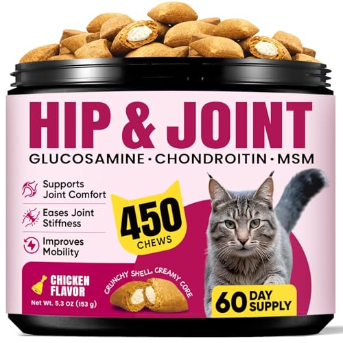 Glucosamine for Cats, Cat Joint Supplement with Chondroitin, Omega-3s & Green-Lipped Mussel, Pain Relief Crunchy & Creamy Treats for Senior Cats, Hip & Joint, Mobility & Flexibility Support -450 Chews