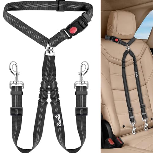 Coleira de segurança para animais de estimação, cinto de segurança para animais de estimação com elástico de absorção de choque, coleira dupla para 2 cães grandes médios e pequenos (preto)