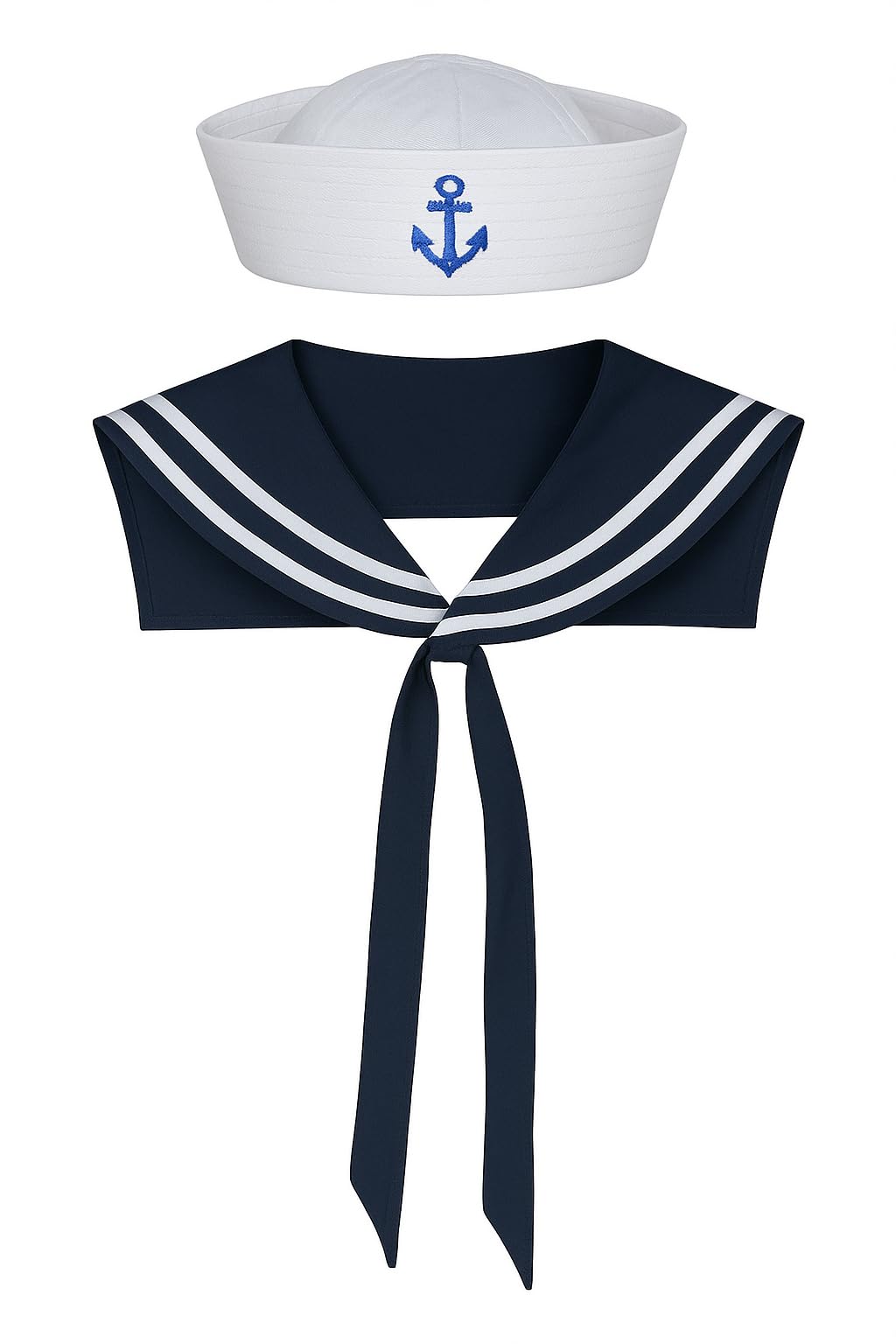 Ilovefancydress Ladies Sailor Set Fancy Dress Acessory Unisex Set Sailor Doughboy Hat With Gold Embroidered Anchor + Navy & White Scarf Nautical Marine Navy Outfit (Pack of 1)