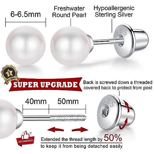 Freshwater Pearl Earrings with Screw Back for Women 925 Sterling Silver Sensitive Genuine 6mm White Real Round Cultured Pearls Stud Everyday Earrings Studs Ladies2