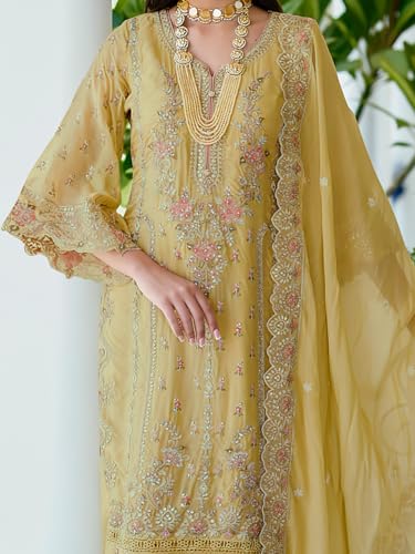 Image of INDO ERA Women's Organza Kurta and Pant with Dupatta Set