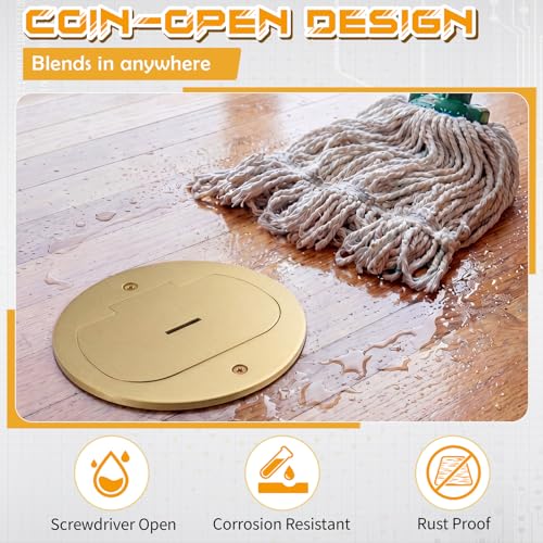 Image of Round Brass Recessed Floor Outlet Box, UL Listed Low Profile Hidden Flip-up Floor Outlet, 20A Tamper Resistant Receptacle with Watertight Gasket for Living Room, Office, Conference Room